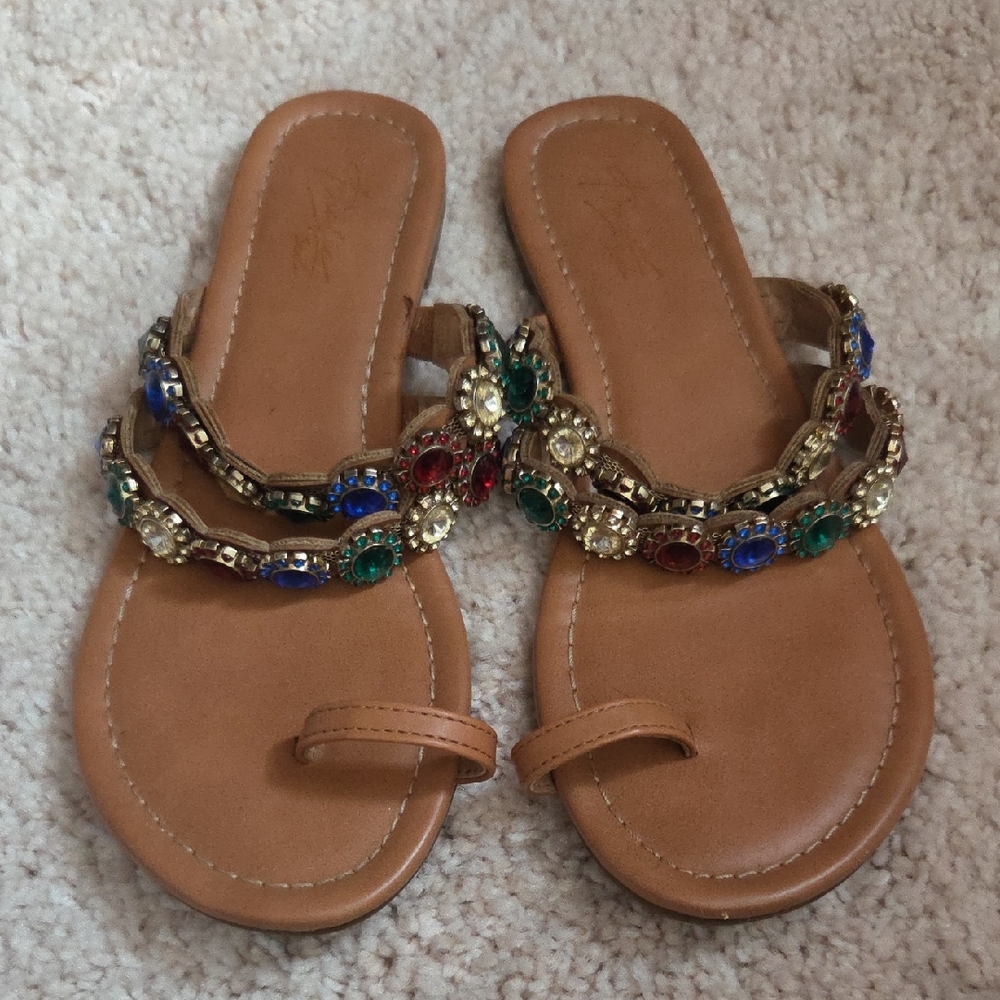 Thalia Sodi Tan Sandals with Multicolor Embellishments